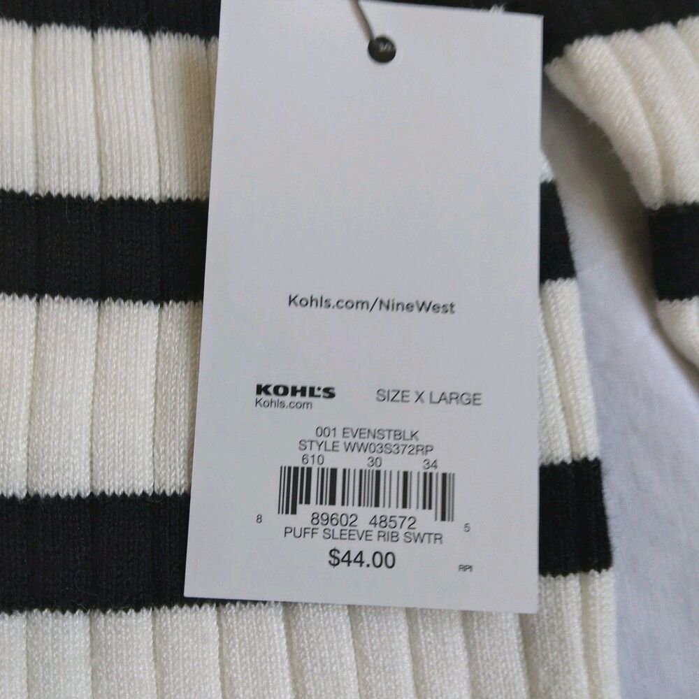 NWT Nine West Ribbed Puff Sleeve Sweater Ivory Black Stripes Long Sleeve XL - Picture 6 of 12
